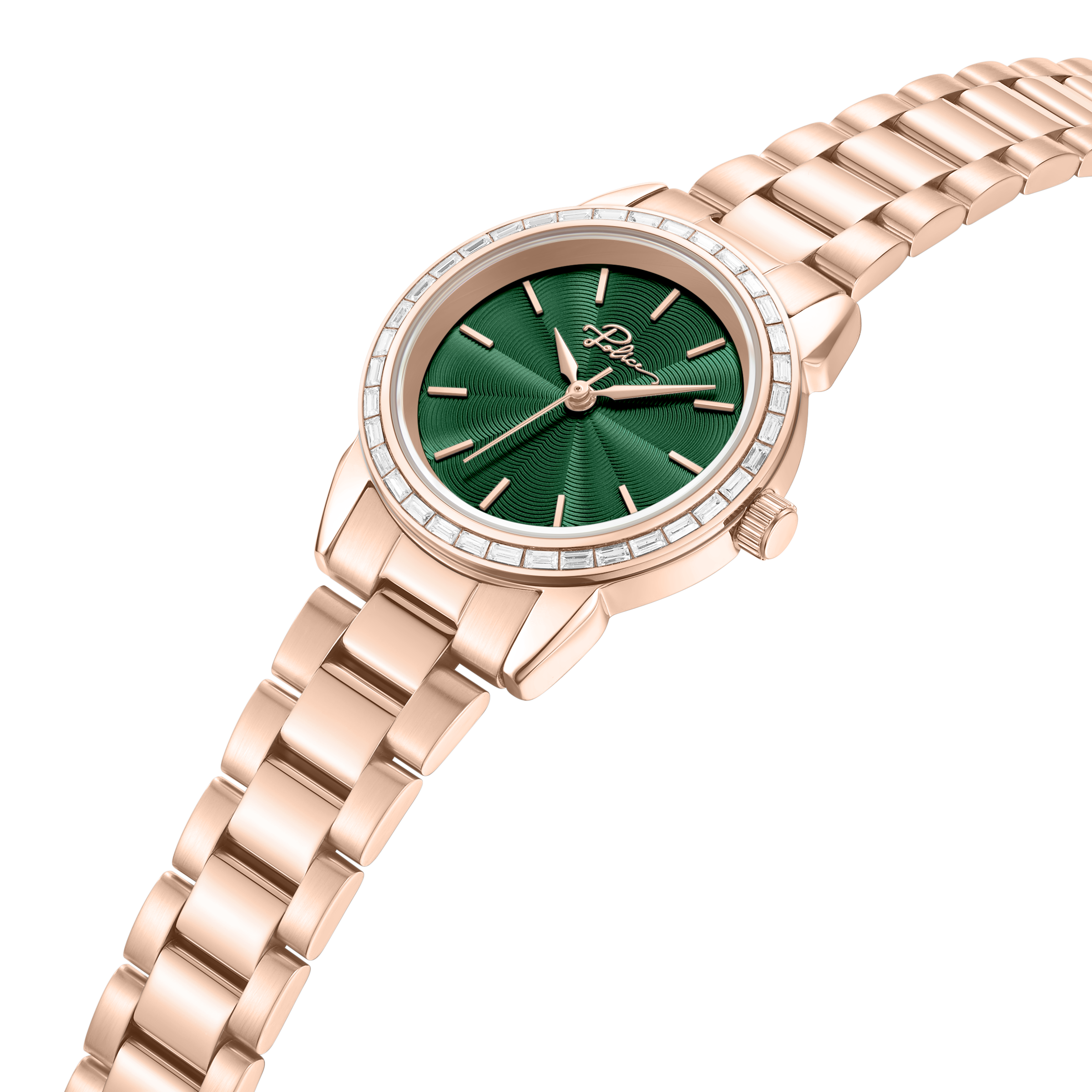 Police Women’s Rose Gold Green Dial Crystal Bezel Watch