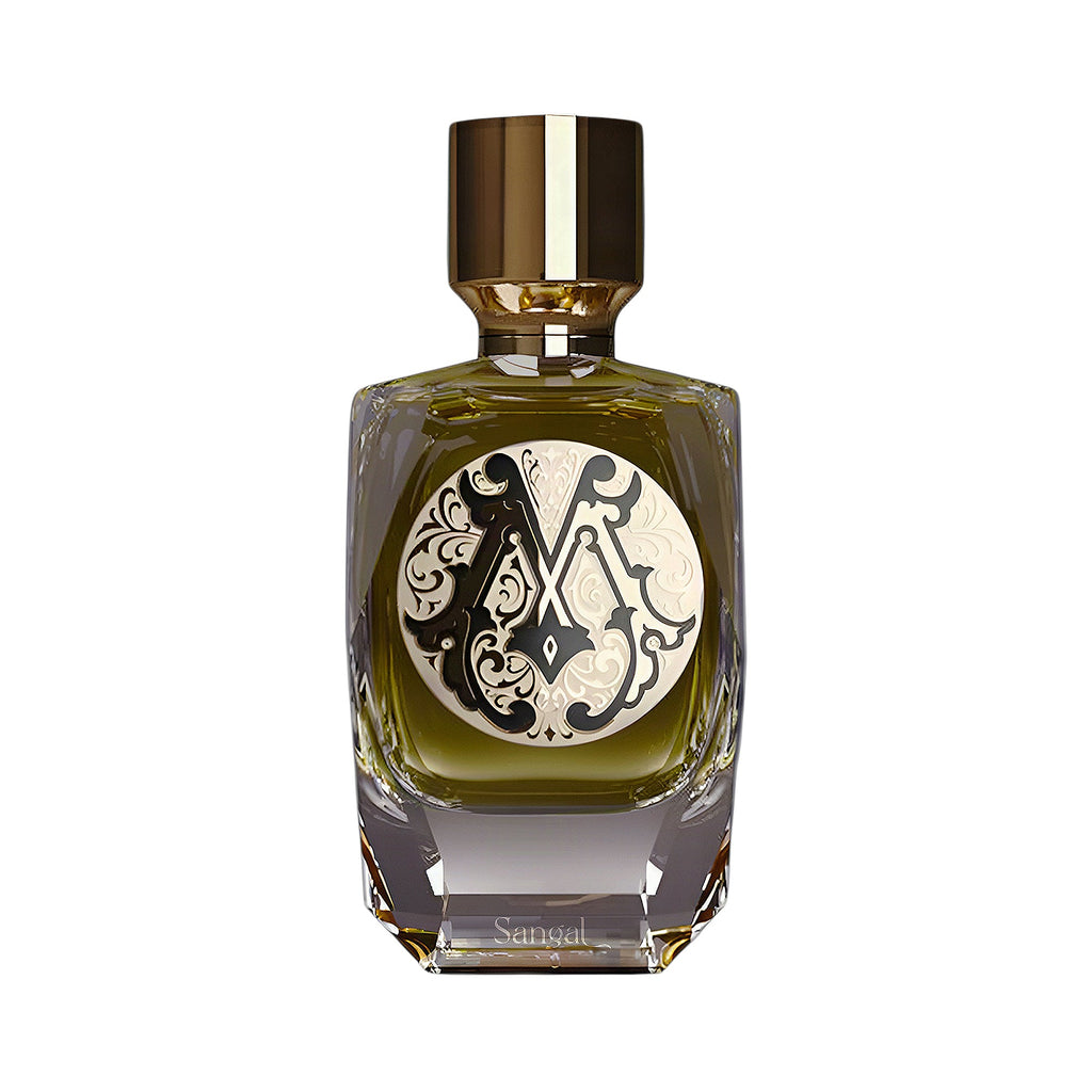 PARFUM DE MAHZEN Sangal Extrait De Parfum bottle with olive green liquid, gold-toned cap, and ornate black and cream label.