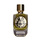 Rectangular glass perfume bottle with olive green liquid, a gold-toned cap, and a circular black and cream ornate monogram.