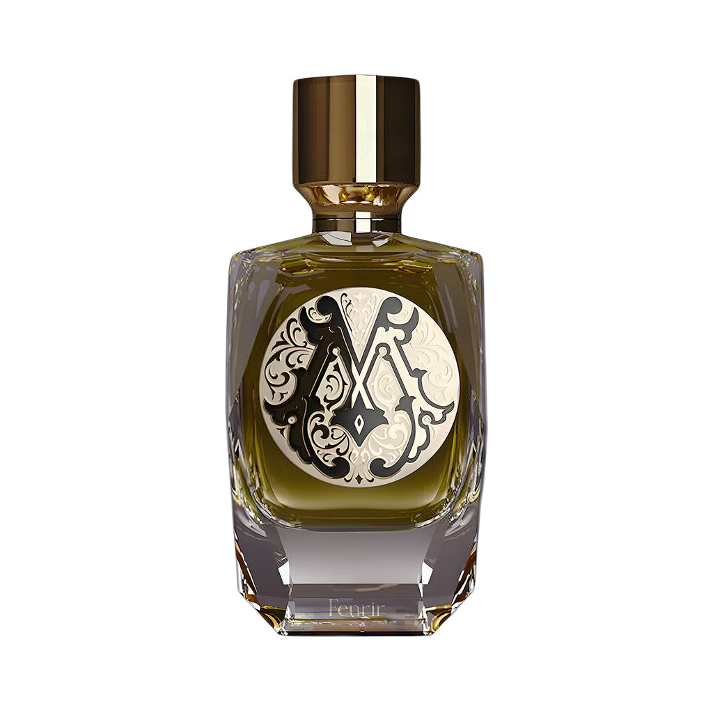 Olive green Parfum De Mahzen Fenrir Extrait De Parfum in a rectangular clear glass bottle with a gold-toned cap and ornate la