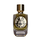 Olive green Parfum De Mahzen Fenrir Extrait De Parfum in a rectangular clear glass bottle with a gold-toned cap and ornate la