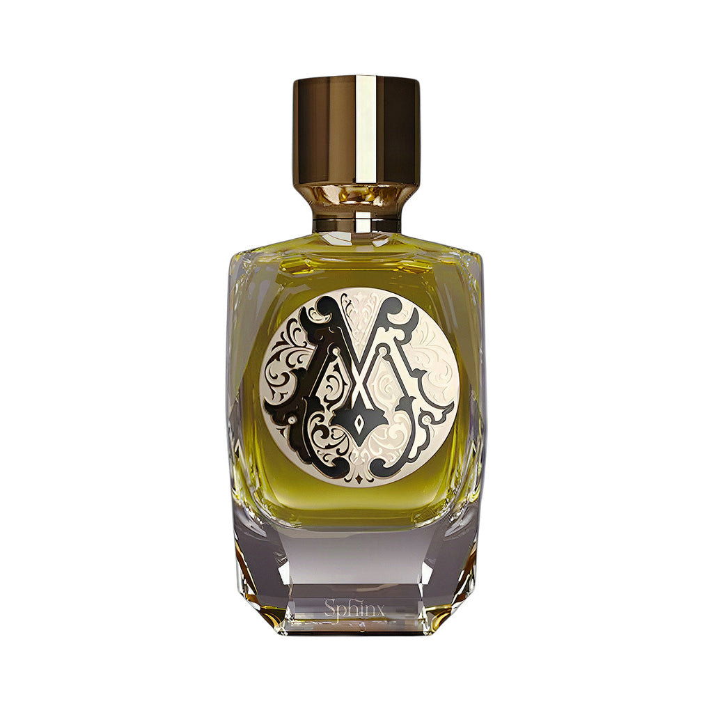 Rectangular faceted glass perfume bottle with yellowish-green liquid, a gold-toned cap, and an ornate black and cream monogra