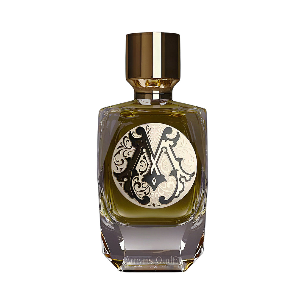 Parfum De Mahzen Extrait De Parfum in a clear glass bottle with olive green liquid, ornate black and white label, and gold-to