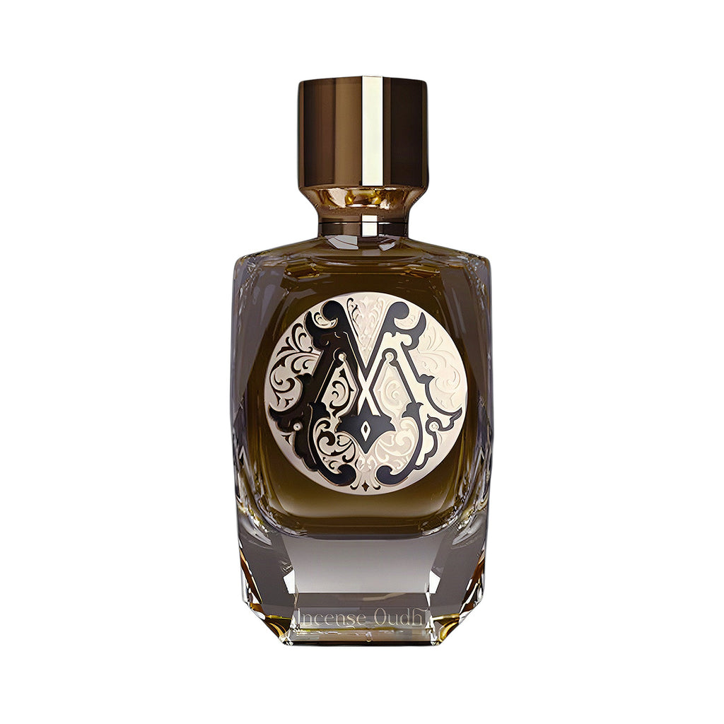 Clear glass perfume bottle with dark amber liquid, gold-toned cap, and a black and cream ornate 'M' logo label. Text 'Incense