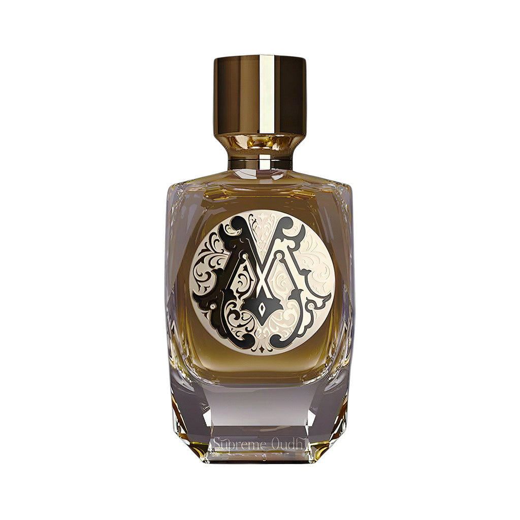 Gold-toned PARFUM DE MAHZEN Supreme Oudh Extrait De Parfum bottle with clear faceted glass and an ornate black and cream 'M'