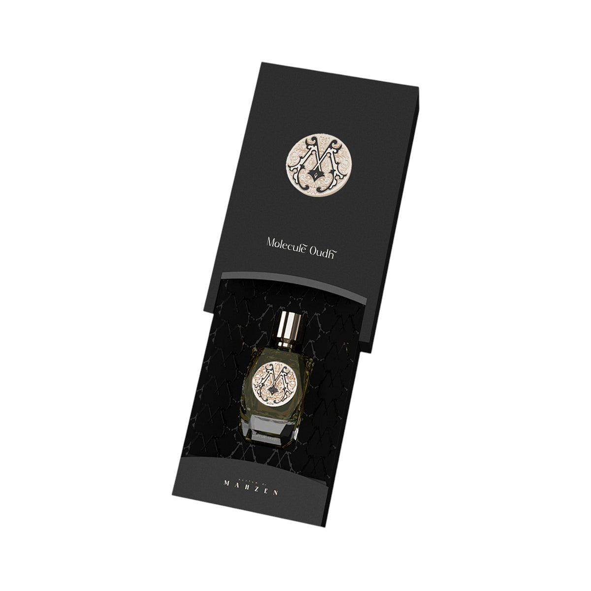 Dark green perfume bottle with gold-toned cap and ornate 'M' label, inside an open black box with matching emblem.