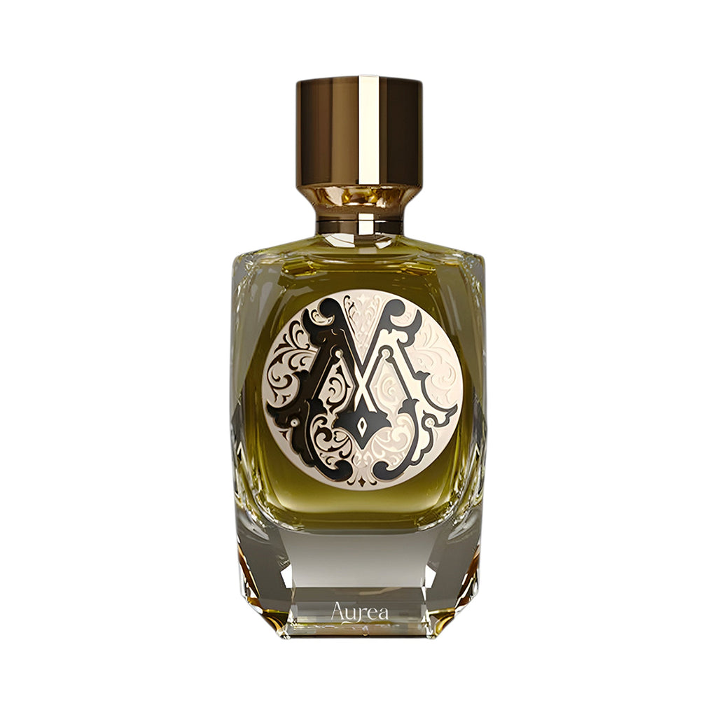 Parfum De Mahzen Aurea Extrait De Parfum in a clear glass bottle with olive green liquid, ornate black and gold label, and a