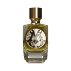 Parfum De Mahzen Aurea Extrait De Parfum in a clear glass bottle with olive green liquid, ornate black and gold label, and a