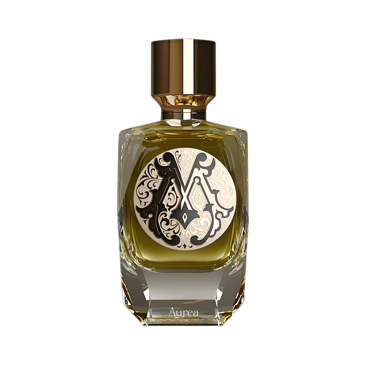 Parfum De Mahzen Aurea Extrait De Parfum in a clear glass bottle with olive green liquid, ornate black and gold label, and a