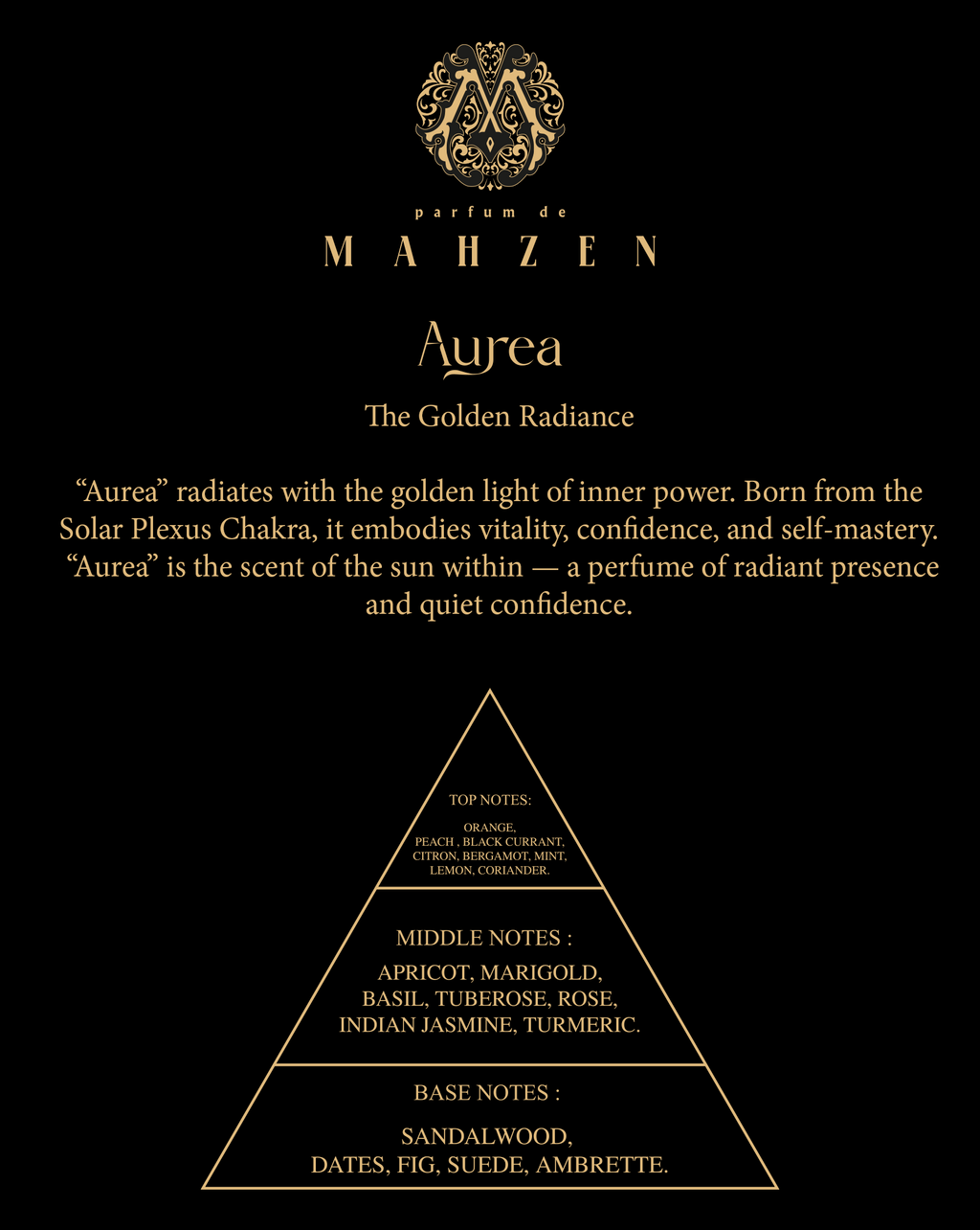 Ornate gold-toned circular emblem with a stylized 'M' and intricate scrollwork, for Parfum de Mahzen.
