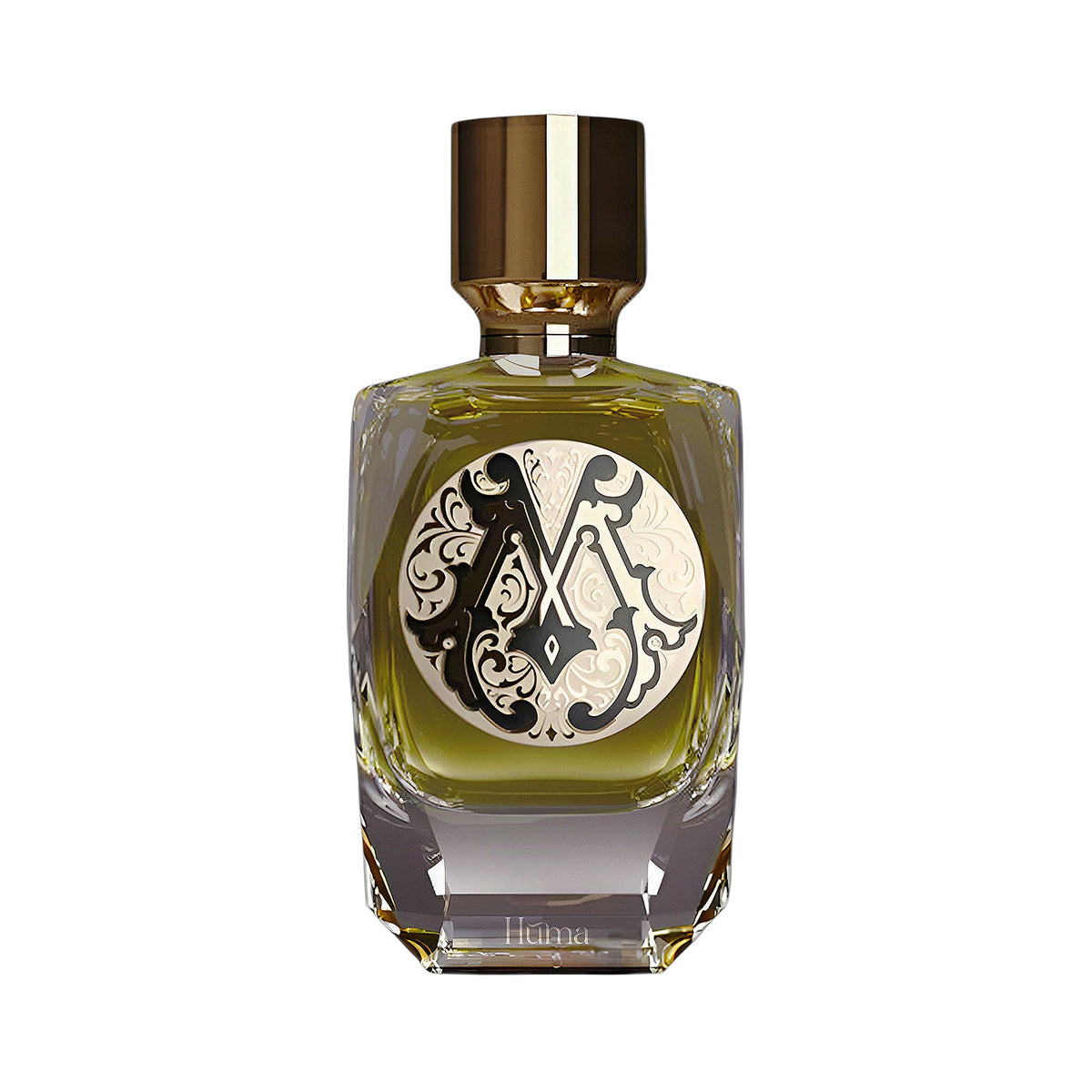 Clear glass perfume bottle with olive green liquid, an ornate black and white circular label, and a gold-toned cap.