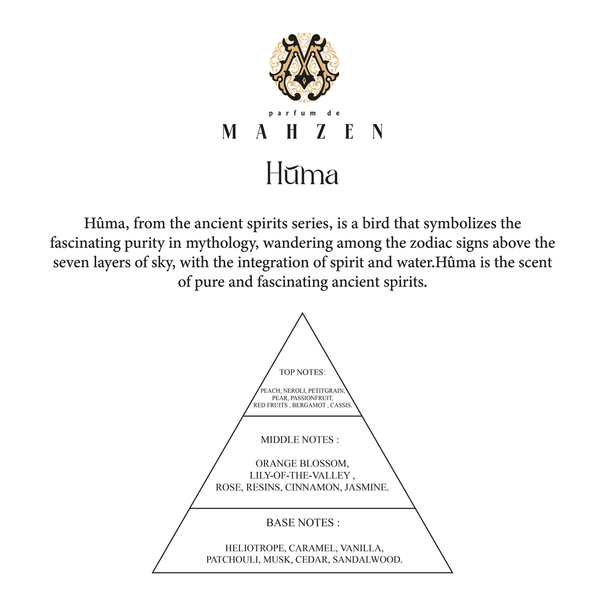 Parfum De Mahzen Huma Extrait De Parfum scent notes: Fruity top, floral and spicy middle, warm woody gourmand base.