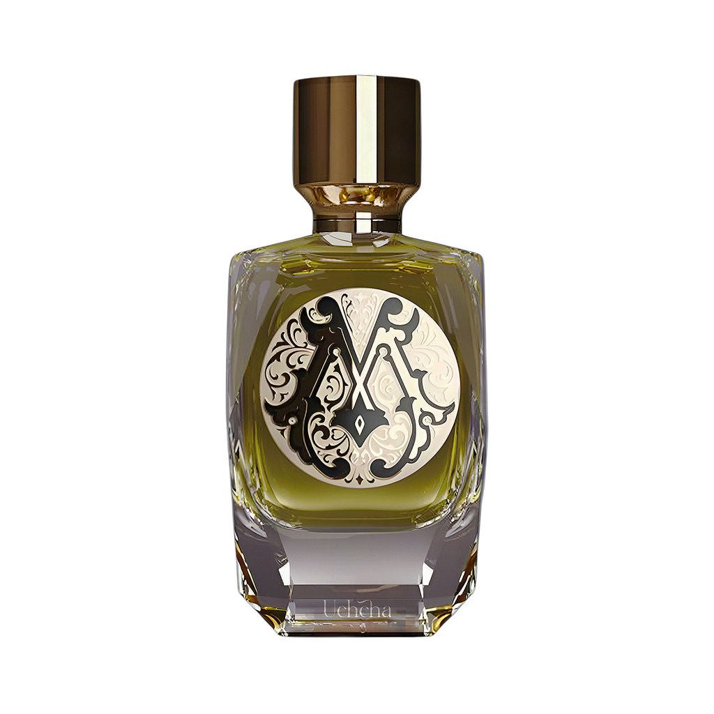 PARFUM DE MAHZEN Uchcha Extrait De Parfum in a clear glass bottle with olive green liquid, gold-toned cap, and ornate black a
