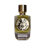 PARFUM DE MAHZEN Uchcha Extrait De Parfum in a clear glass bottle with olive green liquid, gold-toned cap, and ornate black a