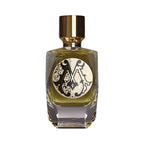 Parfum De Mahzen Gugalanna Extrait De Parfum 100ml bottle with olive green liquid, gold-toned cap, and ornate black and cream