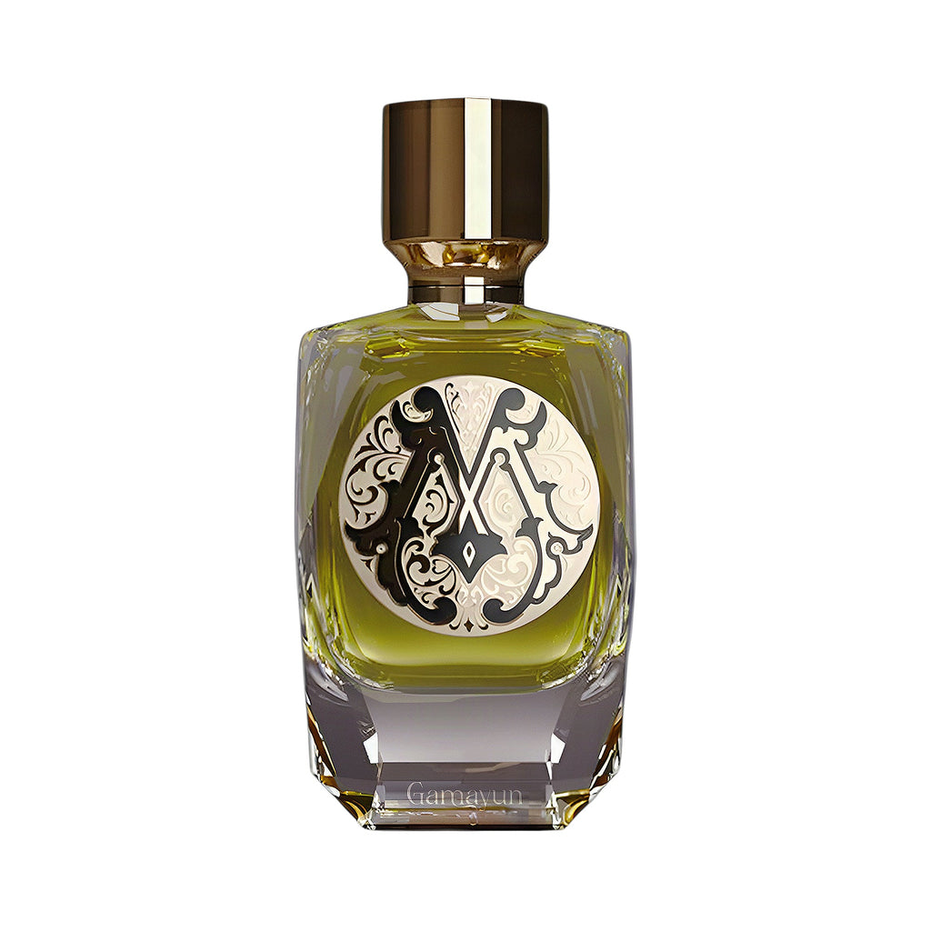Rectangular glass perfume bottle with yellowish-green liquid, gold-toned cap, and a circular black and cream ornate 'M' emble
