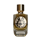 Clear glass perfume bottle with amber liquid, gold-toned cap, ornate black and white 'MA' monogram label. 'Divina' embossed o