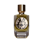 Rectangular glass perfume bottle with faceted base, containing olive-green liquid, a black and cream ornate label, and a gold