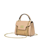Structured beige leather bag with woven cane front, top handle, gold-toned chain strap, and front logo plate.