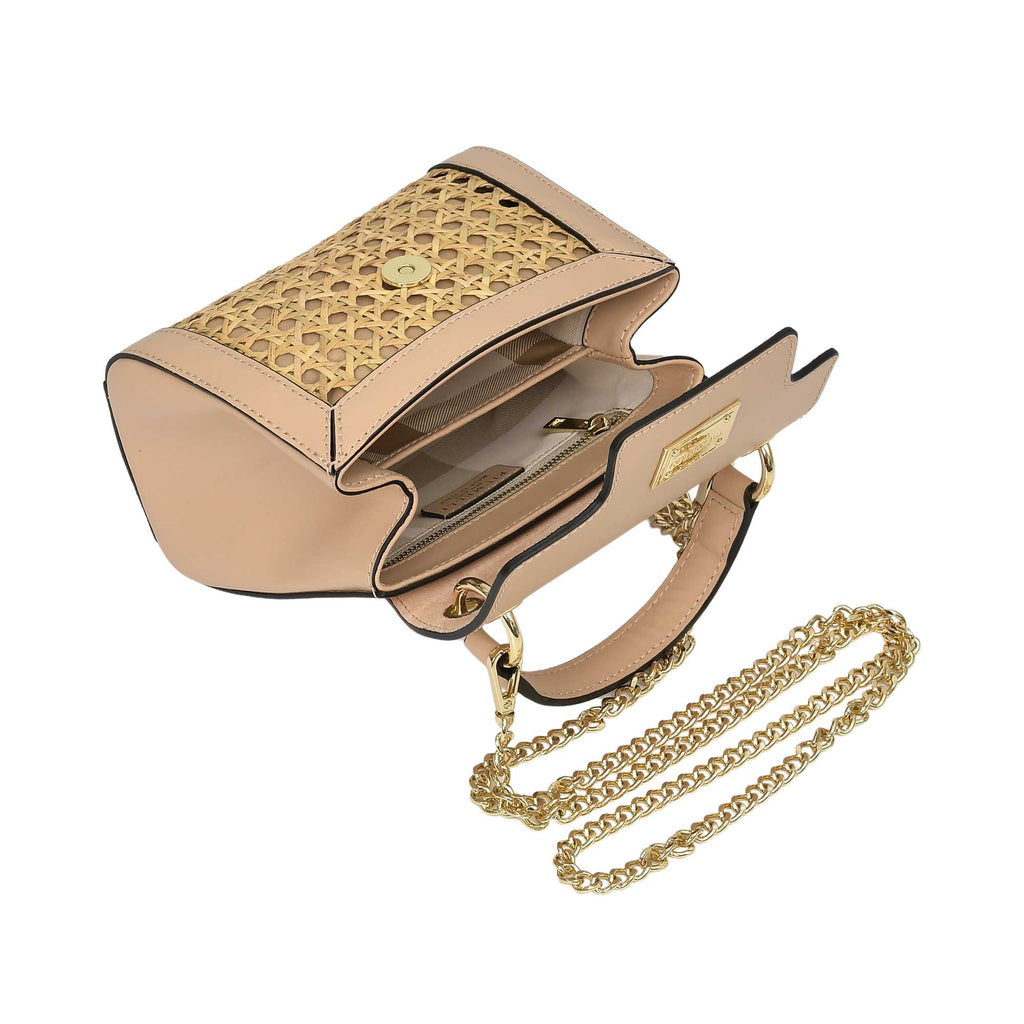 Nude leather structured top handle bag with a woven cane flap, gold-toned turn-lock closure, and a long gold-toned chain stra