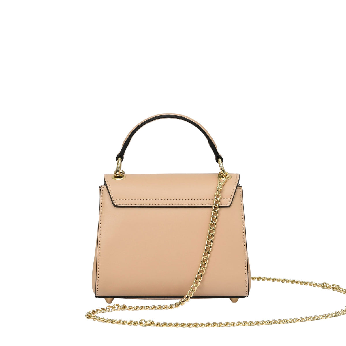 Nude structured leather top-handle bag with a black handle, gold-toned hardware, a long gold-toned chain strap, and four feet