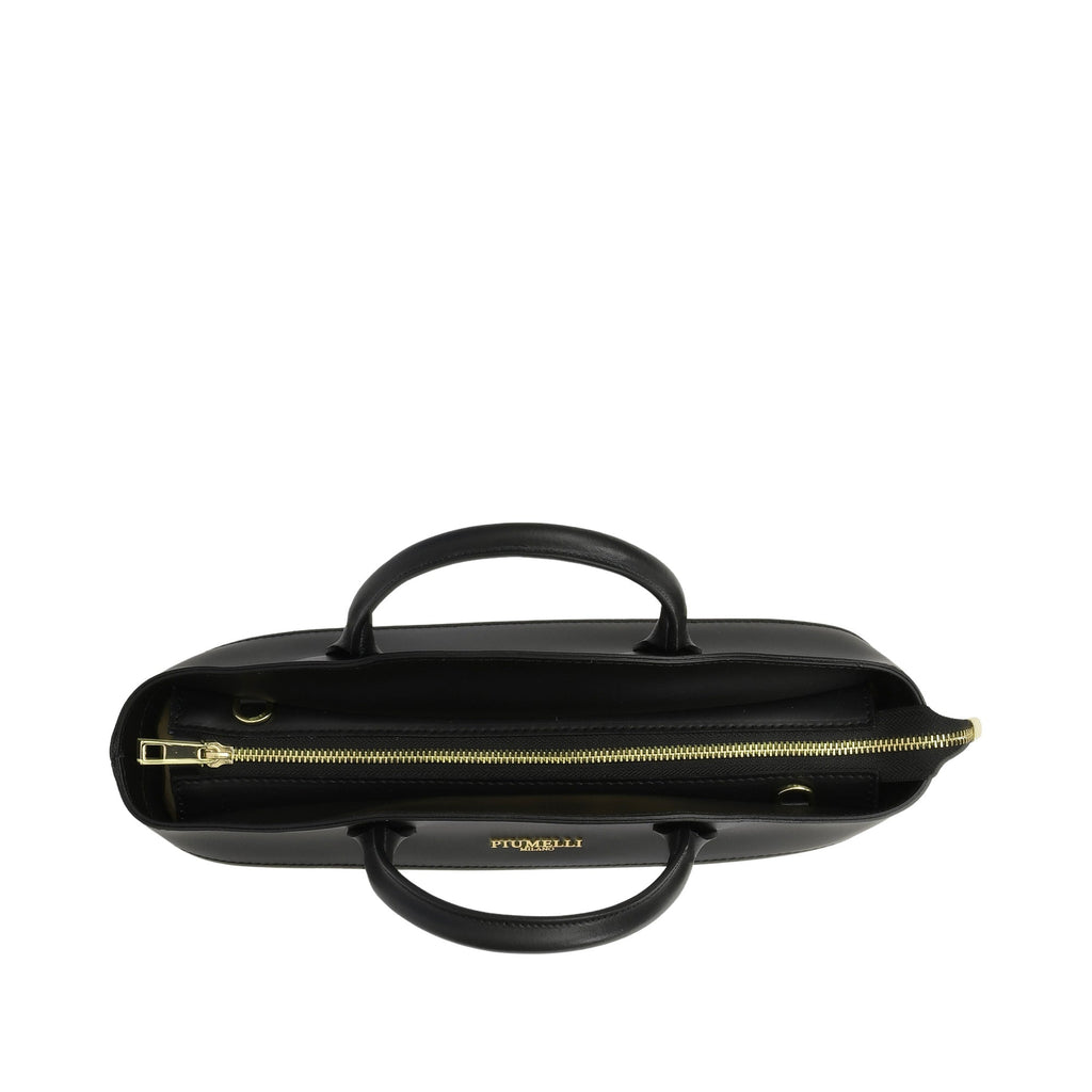 Black structured handbag with two top handles, a gold-toned zipper, and a gold-toned PIUMELLI MILANO logo.
