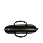 Black structured handbag with two top handles, a gold-toned zipper, and a gold-toned PIUMELLI MILANO logo.