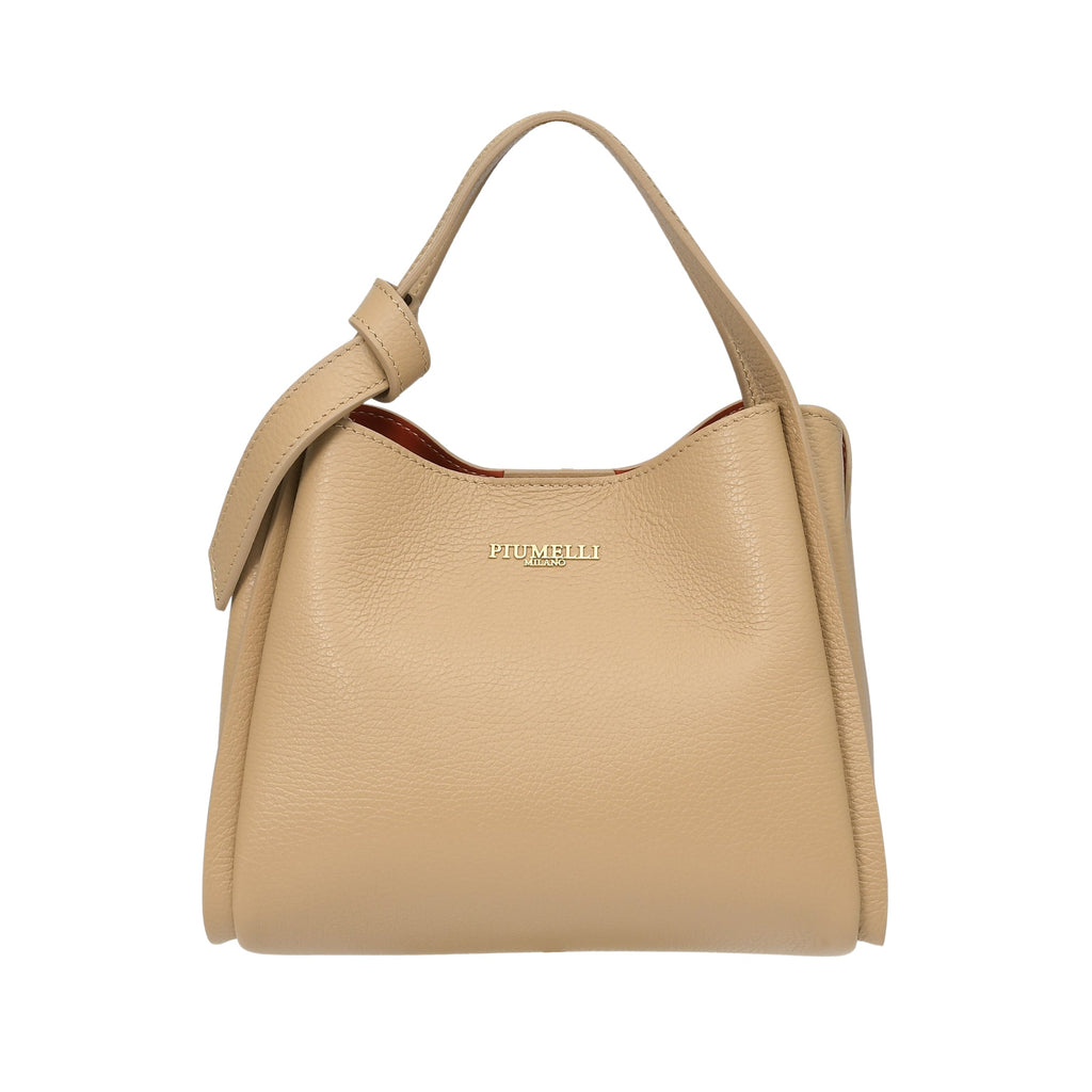 Piumelli Ischia handbag in warm beige, featuring a single top handle with a knotted detail and gold-toned branding.