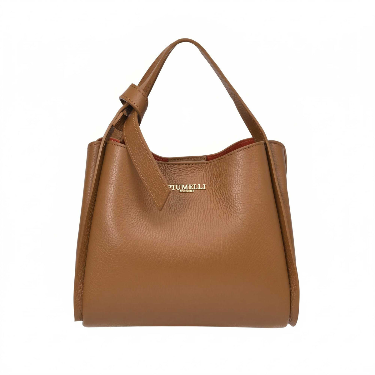 Warm brown pebbled leather bucket bag with a knotted single shoulder strap and a gold-toned "PIUMELLI MILANO" logo. Red inter