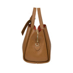Warm brown pebbled leather handbag with two top handles, one knotted, gold-toned zipper with D-ring pull, and orange lining.