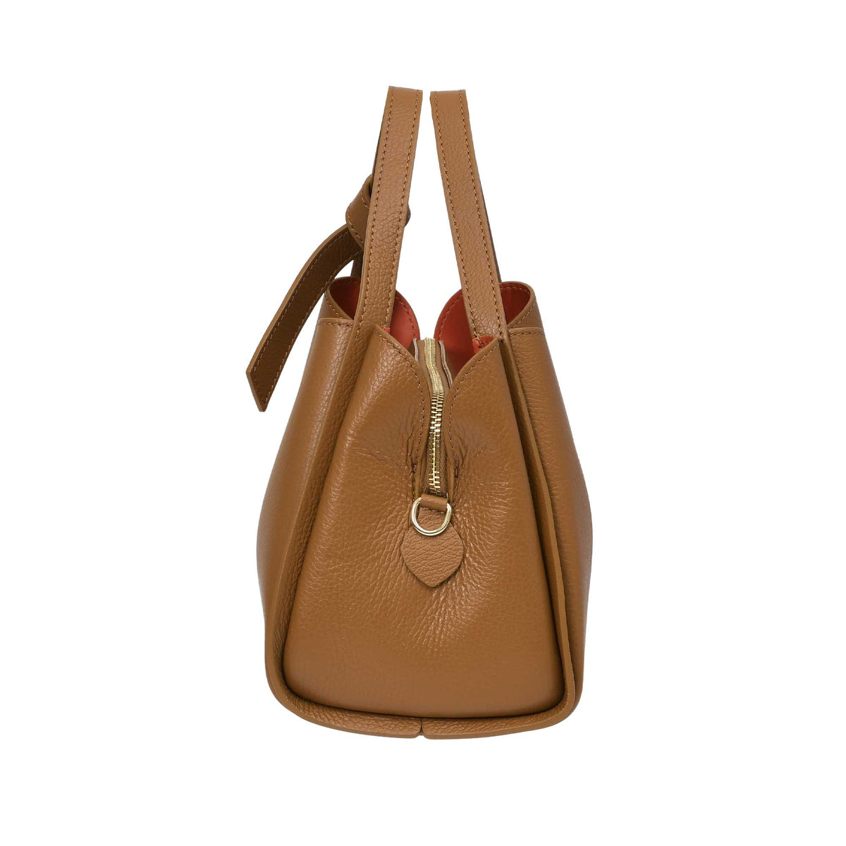 Warm brown pebbled leather handbag with two top handles, one knotted, gold-toned zipper with D-ring pull, and orange lining.