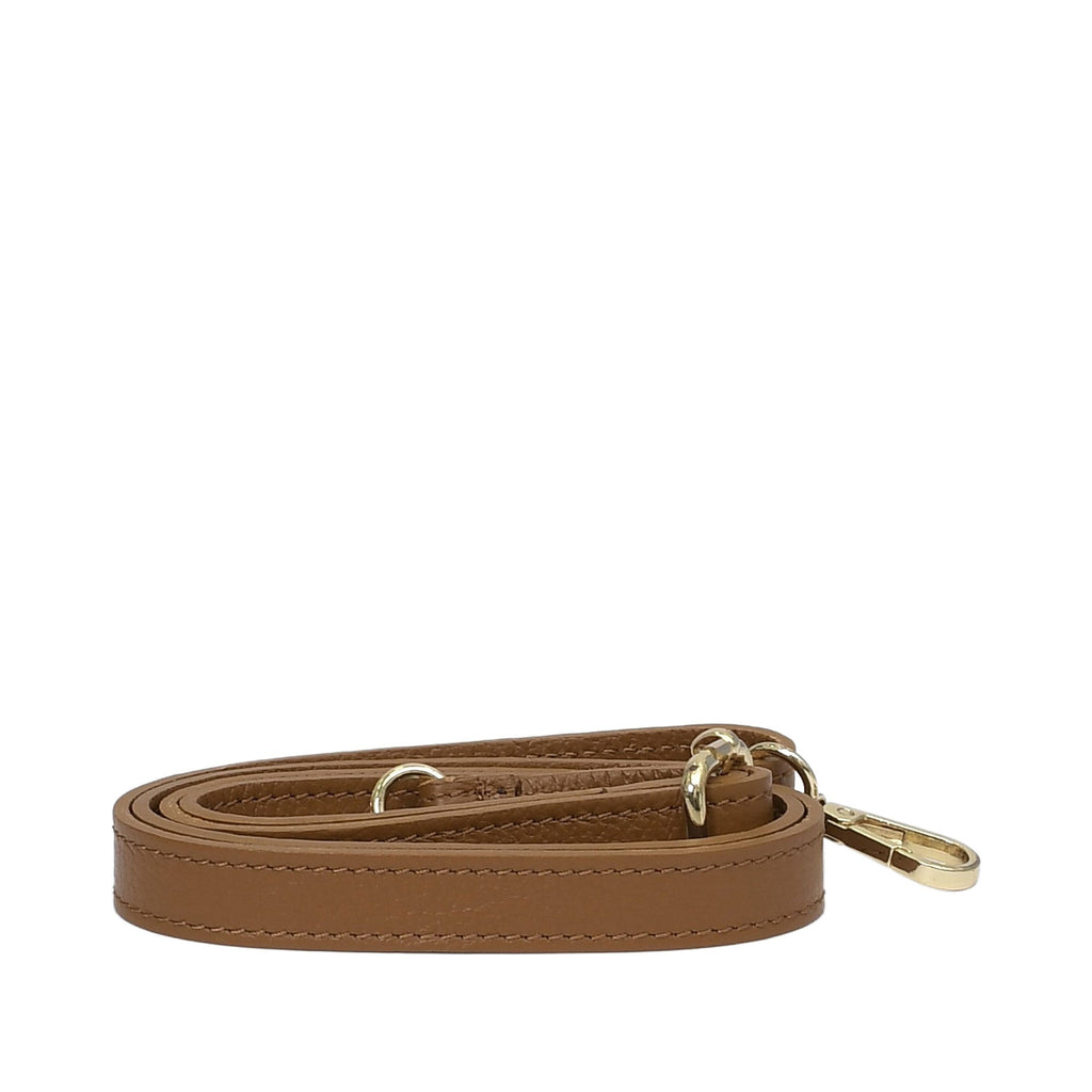 Warm brown pebbled leather bag strap with visible stitching, gold-toned metal rings, and a swivel snap hook clasp.