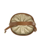 Woven tan bucket bag with a brown leather rim and strap. Features a beige drawstring closure and gold-toned hardware.