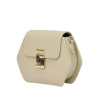 Ivory pebbled leather hexagonal bag with a curved flap, gold-toned "PIUMELLI" logo, and a gold-toned twist-lock clasp.