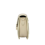 Ivory pebbled leather bag with a flap closure, gold-toned buckle on the front, and a side D-ring strap attachment.