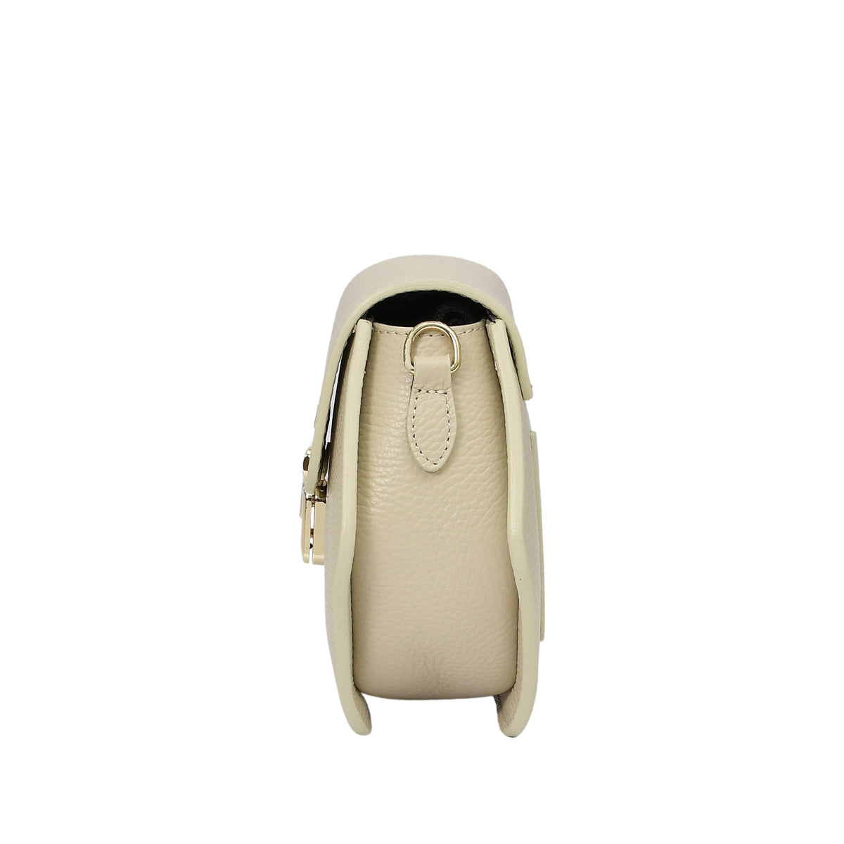 Ivory pebbled leather bag with a flap closure, gold-toned buckle on the front, and a side D-ring strap attachment.