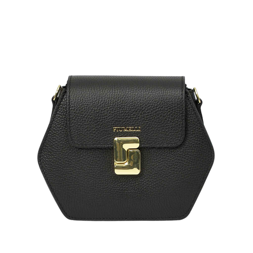 Black pebbled leather hexagonal bag with a flap closure, gold-toned PIUMELLI logo, and a stylized gold-toned clasp.