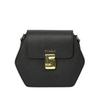 Black pebbled leather hexagonal bag with a flap closure, gold-toned PIUMELLI logo, and a stylized gold-toned clasp.