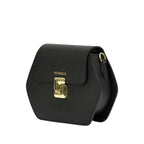 Black pebbled leather hexagonal cross-body bag with a front flap, gold-toned twist-lock clasp, and "PIUMELLI" branding.
