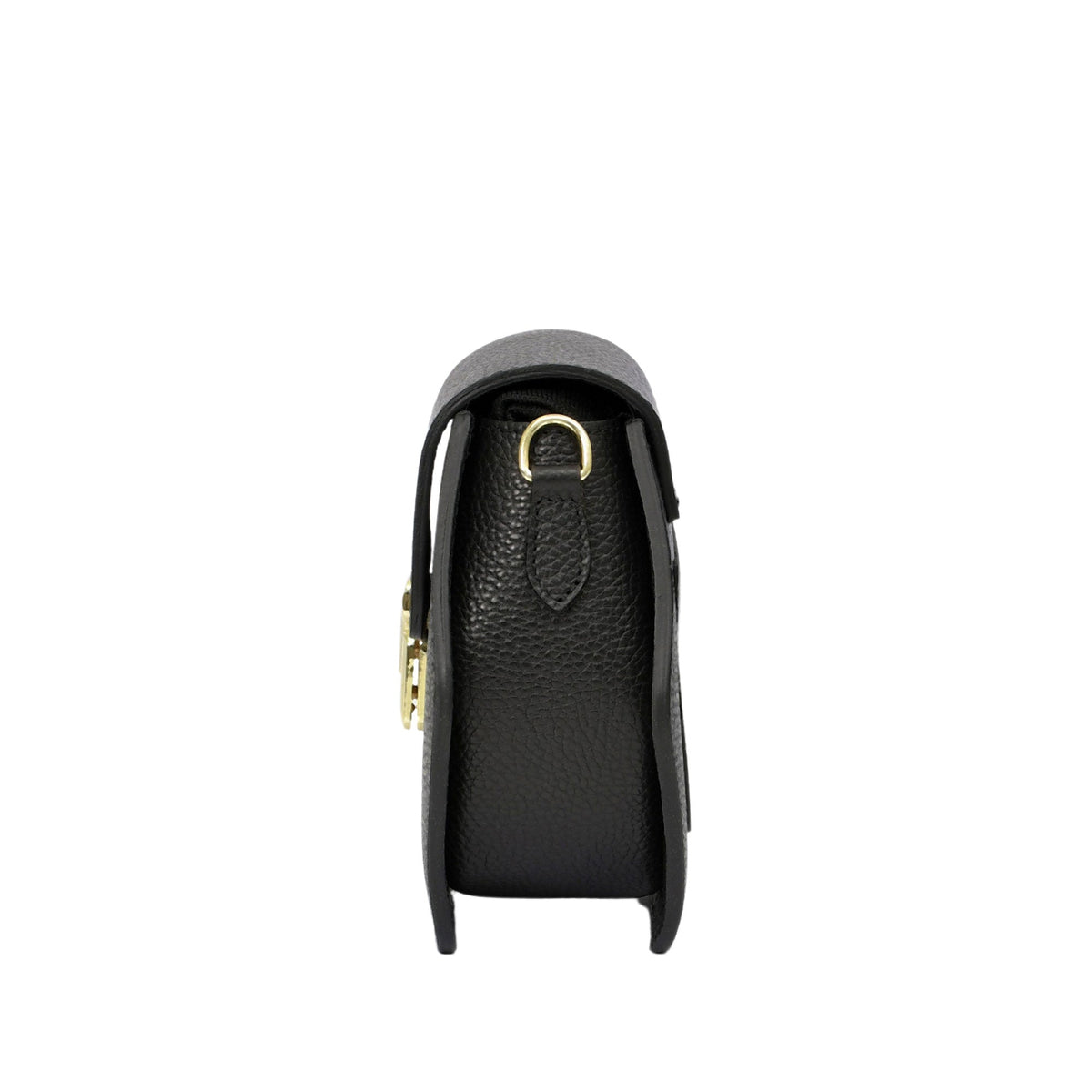 Black pebbled leather shoulder bag with a flap closure, gold-toned D-ring on the side, and a visible gold-toned clasp.