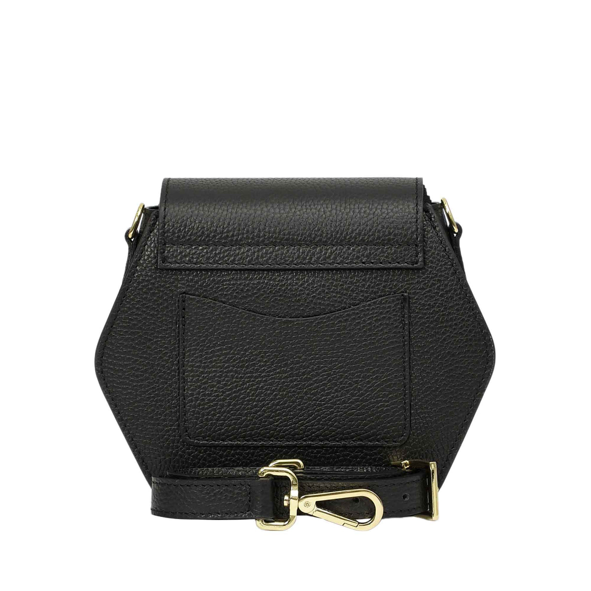 Black pebbled leather hexagonal flap bag with a back slip pocket and an adjustable strap featuring gold-toned hardware.