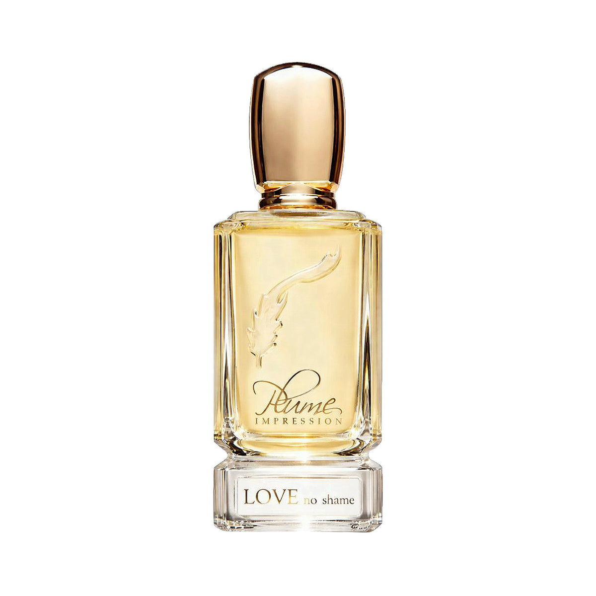 Rectangular clear glass perfume bottle with light amber liquid, an embossed feather, and a shiny gold-toned cap. The base rea