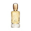 Rectangular clear glass perfume bottle with light amber liquid, an embossed feather, and a shiny gold-toned cap. The base rea