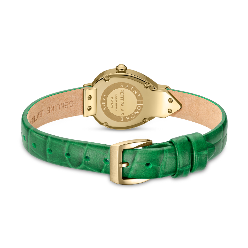 Saint Honoré Paris Gold IP Case Diamond White Dial Green Strap Watch