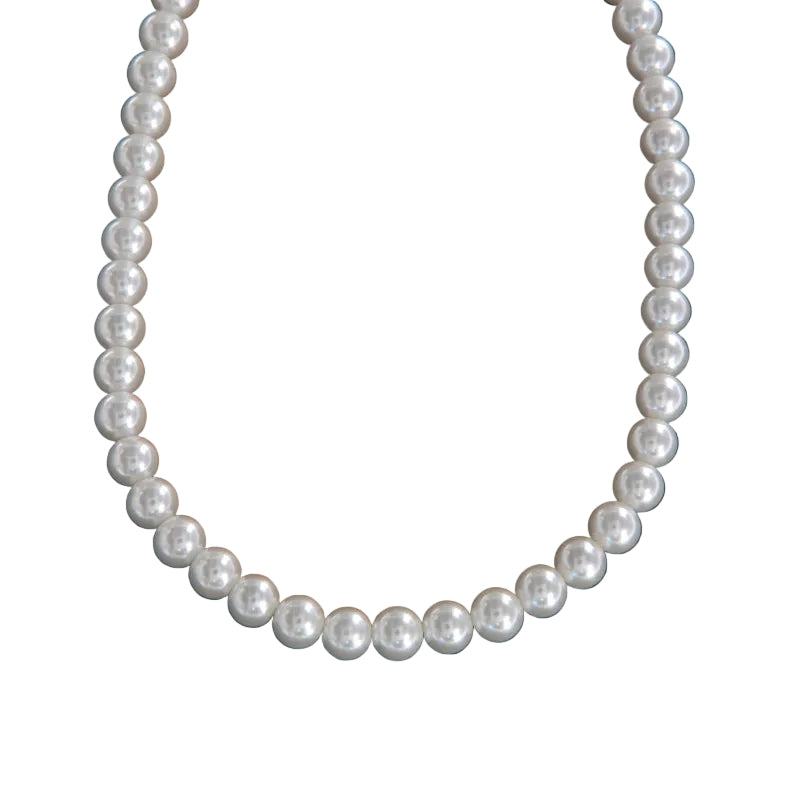 White spherical pearl necklace with a lustrous finish, arranged in a single strand