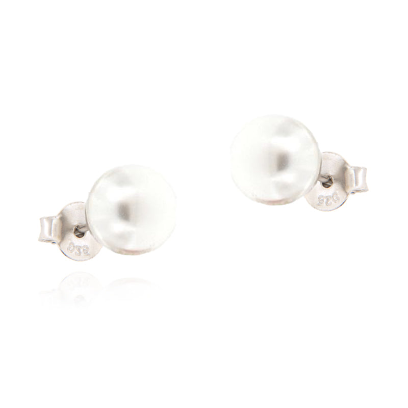 Pair of white pearl stud earrings with silver-toned posts and butterfly backs, showing a '925' hallmark.