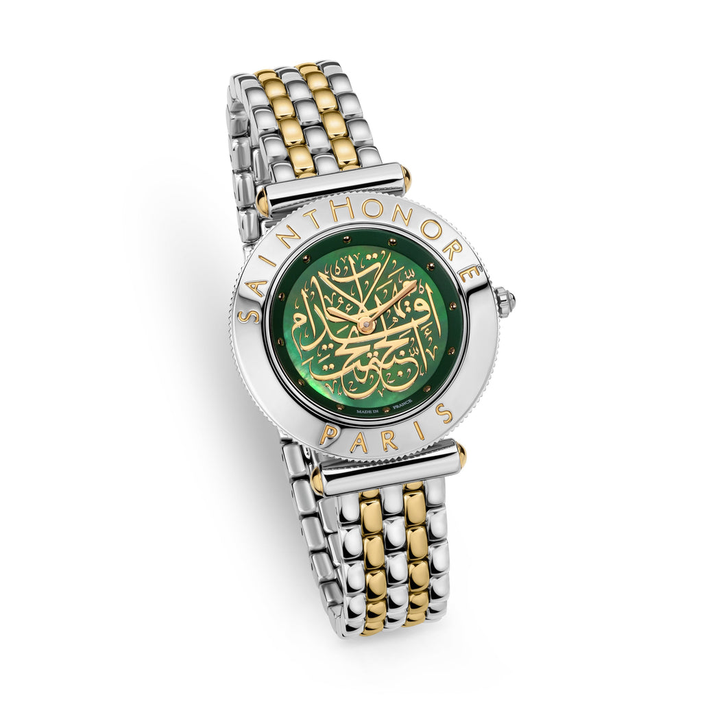 Three-quarter studio perspective highlighting the flat engraved bezel profile, the fluted crown, the iridescence of the green dial, and the flexible drape of the two-tone silver and gold bracelet.