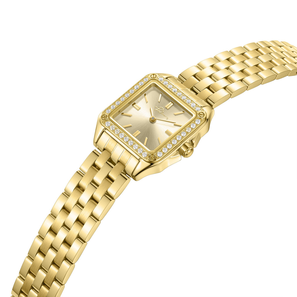 High-angle studio view emphasizing the square geometry of the gold watch casing, the embedded crystal bezel accents, the textured adjustment crown, and the fluid layout of the gold multi-link band.