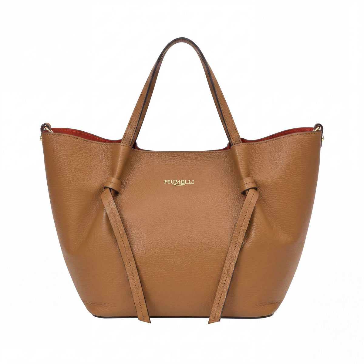 Warm brown textured leather tote bag with double top handles, knotted side straps, and gold-toned Piumelli Milano logo.