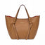 Warm brown textured leather tote bag with double top handles, knotted side straps, and gold-toned Piumelli Milano logo.